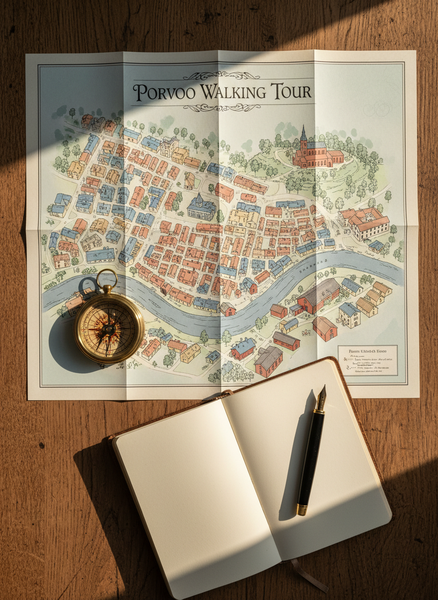 A meticulously illustrated, folded walking tour map of Porvoo laid flat on an aged oak table, its pastel-colored old town blocks and winding river rendered with precise cartographic detail. Around the map, a brass compass, a leather-bound notebook, and a vintage fountain pen rest in deliberate arrangement, suggesting careful route planning. Soft afternoon light from an unseen window grazes the paper, emphasizing its subtle texture and the fine ink lines, while casting gentle shadows from the objects. Shot from a slightly elevated, overhead angle with sharp focus throughout, the composition feels curated and calm. The photographic realism and refined color palette create a sophisticated, aspirational atmosphere, perfectly suited for a premium walking tour brand.