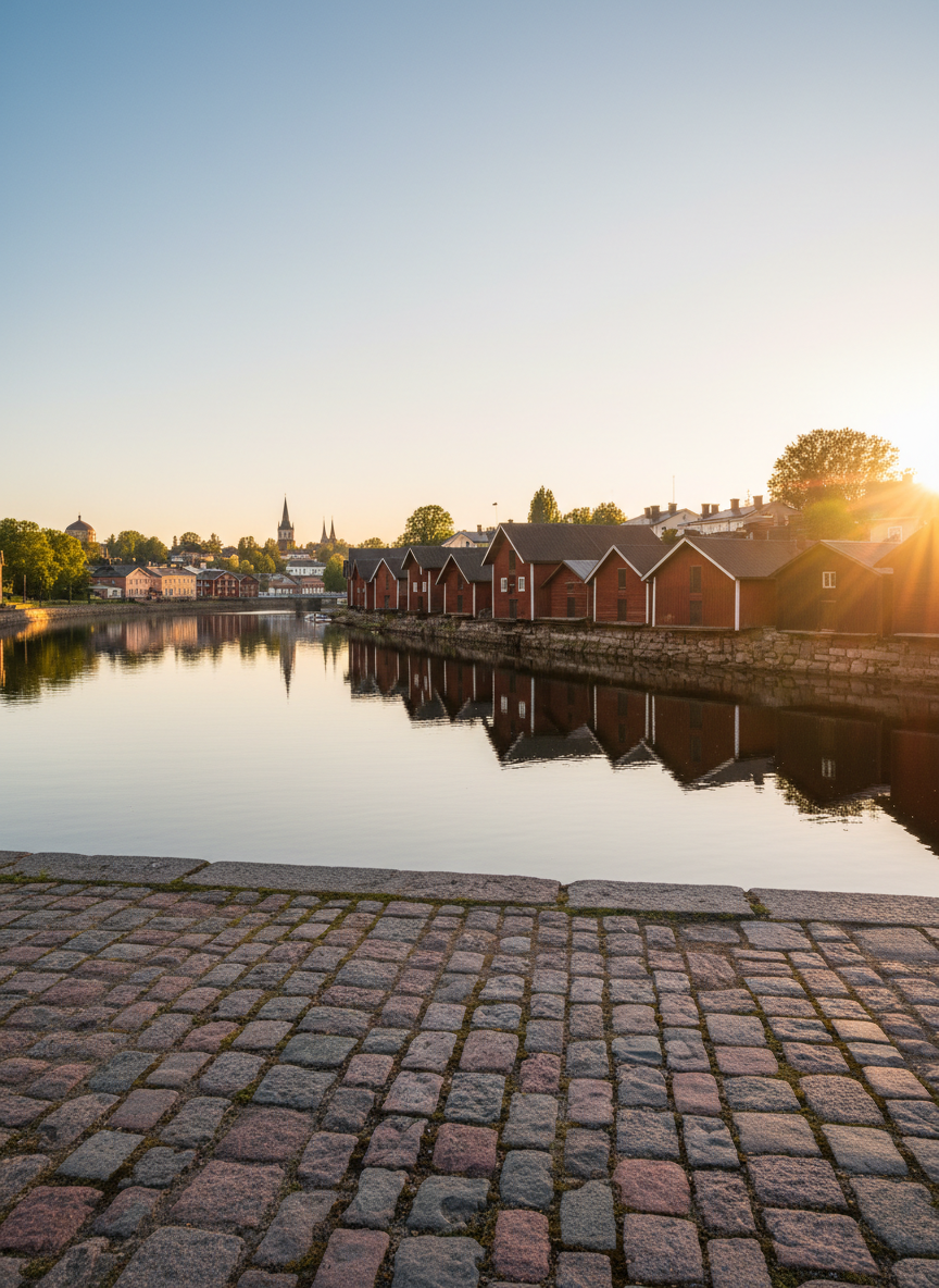 A dignified riverfront view of Porvoo’s iconic riverside warehouses, rendered in photographic realism, their deep red wooden façades reflected in the calm, glass-like water. A stone quay with precise, uneven textures occupies the lower foreground, suggesting a vantage point where a walking tour might pause. Golden hour sunlight bathes the scene in warm tones, creating long, soft shadows, subtle rim light on rooflines, and a luminous sky transitioning from pale blue to honeyed peach. The camera is placed at a low angle close to the stones, leading the eye along the river towards the historic skyline. The composition follows the rule of thirds, with crisp detail throughout, evoking a serene yet majestic atmosphere that feels both timeless and curated.