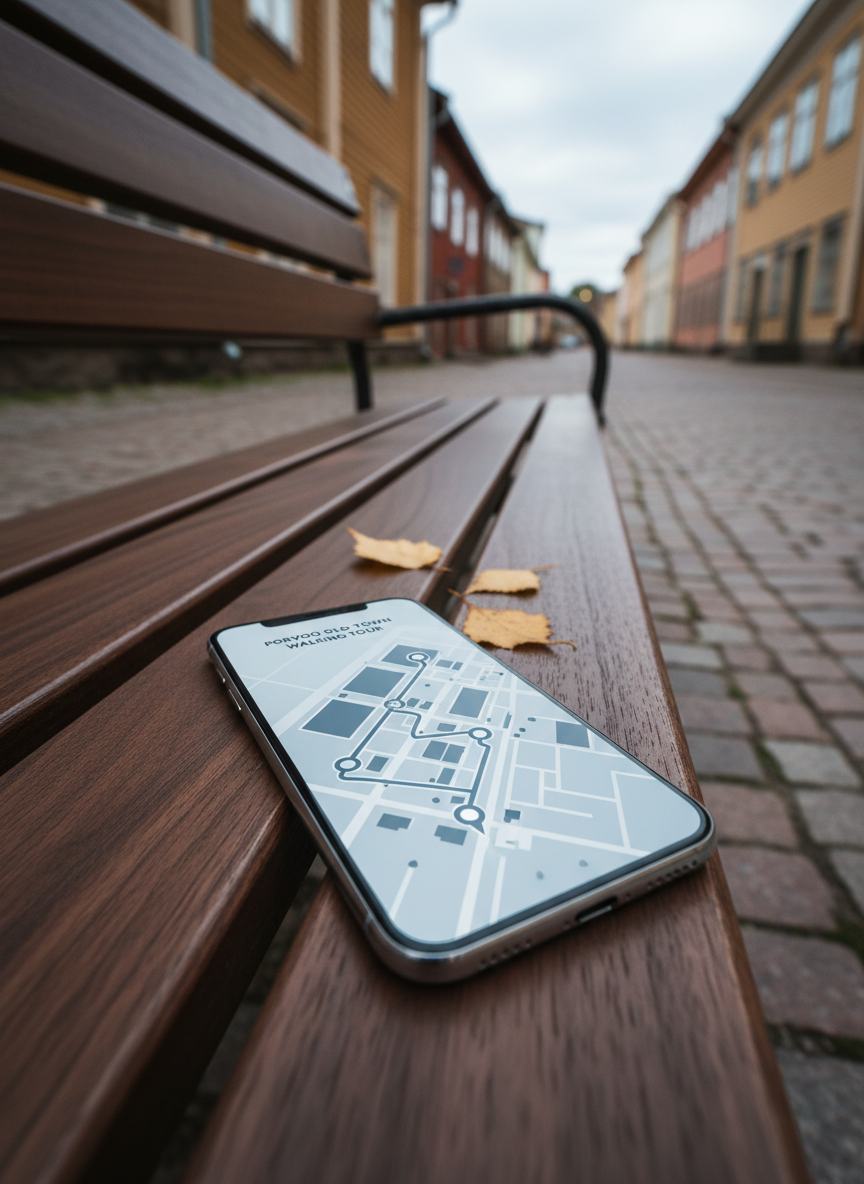 A polished smartphone lying on a dark walnut bench along a Porvoo cobblestone street, its high-resolution screen displaying a sleek, minimalist walking tour interface with a stylized map of the old town and elegant route markers. Around it, the bench’s wood grain and a few fallen birch leaves add organic texture. Soft, cloudy daylight provides even, natural illumination, with the screen itself emitting a subtle, cool glow. Captured from a slightly oblique, close-up angle, the phone is in crisp focus while the cobblestones and blurred façades of historic wooden houses recede into the background. The mood is modern yet respectful of heritage, visually blending digital guidance with the tactile reality of the city, emphasizing creative ways to experience Porvoo.