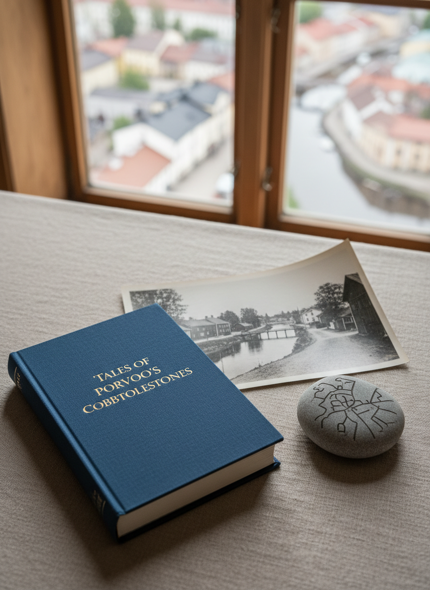 An intimate still life of storytelling objects arranged for a Porvoo walking tour: a finely crafted, clothbound book titled with embossed gold lettering, an unfolded black-and-white archival photograph of Porvoo’s old town, and a smooth river stone etched with a simple map-like engraving. They rest on a linen-covered table near a mullioned window. Soft, late-morning natural light filters through, casting delicate shadows and subtle highlights on the book’s textured cover and the photograph’s slightly curled edges. Shot from a three-quarter overhead angle with shallow depth of field, the main objects are sharply defined while the window frame and distant city rooftops blur into a gentle bokeh. The scene feels scholarly, poetic, and sophisticated, underscoring the intellectual and creative approach of the tours.