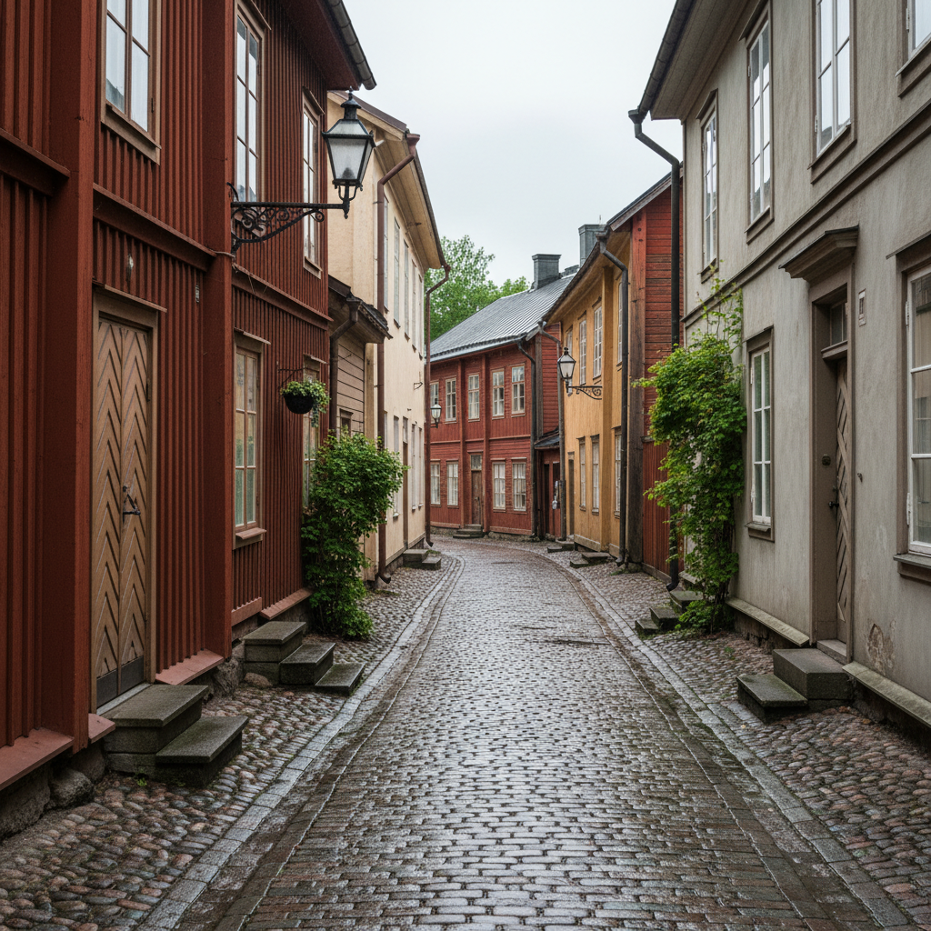 An elegant cobblestone alleyway in Porvoo’s old town, captured in photographic realism, with centuries-old wooden houses painted in muted reds, ochres, and soft grays lining both sides. The stones underfoot are slick with a light recent rain, reflecting discreet highlights. No people are visible; instead, the scene focuses on architectural details: hand-carved doors, wrought-iron lanterns, and small window boxes with early-summer greenery. Overcast, diffused daylight creates even, soft lighting that reveals texture in the wood and stone while keeping shadows subtle. The camera is positioned at eye level, looking down the gently curving lane, with a moderate depth of field that keeps the foreground crisp while the background gradually softens, evoking a quiet, contemplative mood ideal for storytelling walks.