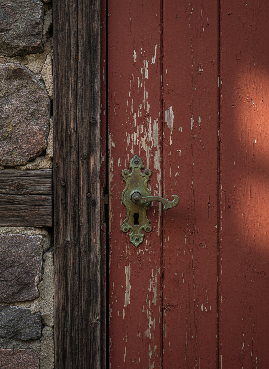 A refined close-up of an old, weathered wooden door from Porvoo’s historic district, its deep red paint gently peeling to reveal pale timber beneath, the grain and cracks captured in meticulous photographic detail. An ornate brass keyhole and handle, softly tarnished with age, catch a hint of warm side light, creating delicate highlights. The surrounding wall of hand-laid stone and timber frame the doorway with subtle, earthy tones. Shot straight-on with a centered composition and shallow depth of field, the door is in razor-sharp focus while the edges fall gently out of clarity. The mood is quietly mysterious and sophisticated, hinting at hidden stories and past eras, aligning with a narrative-driven walking tour experience.